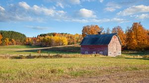 A faded red barn with a wooded fall area behind it