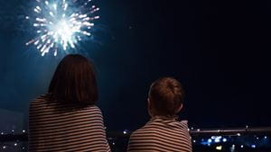 A mother and child watching fireworks in the night sky