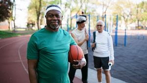 Middle aged Black man holding basketball under arm next to two other adults outside