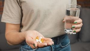 Young woman holds various medical pills and capsules in a hand and glass of water, close-up view